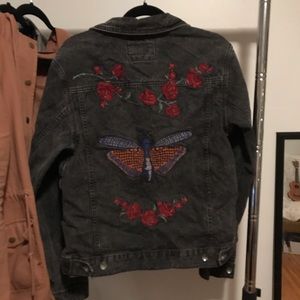 Moth and rose embroidered denim jacket